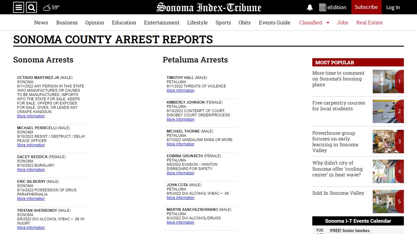 Sonoma County Arrest Reports - Sonoma Index-Tribune